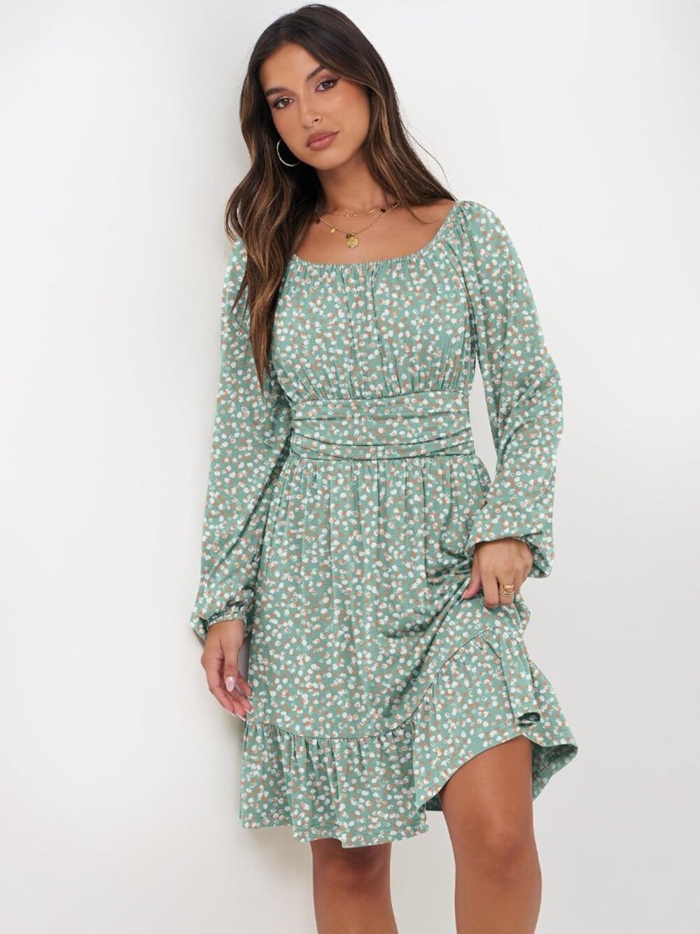 〽️Women Print Orange White Lantern Sleeve Square Neck Fall Short Dress & Pockets